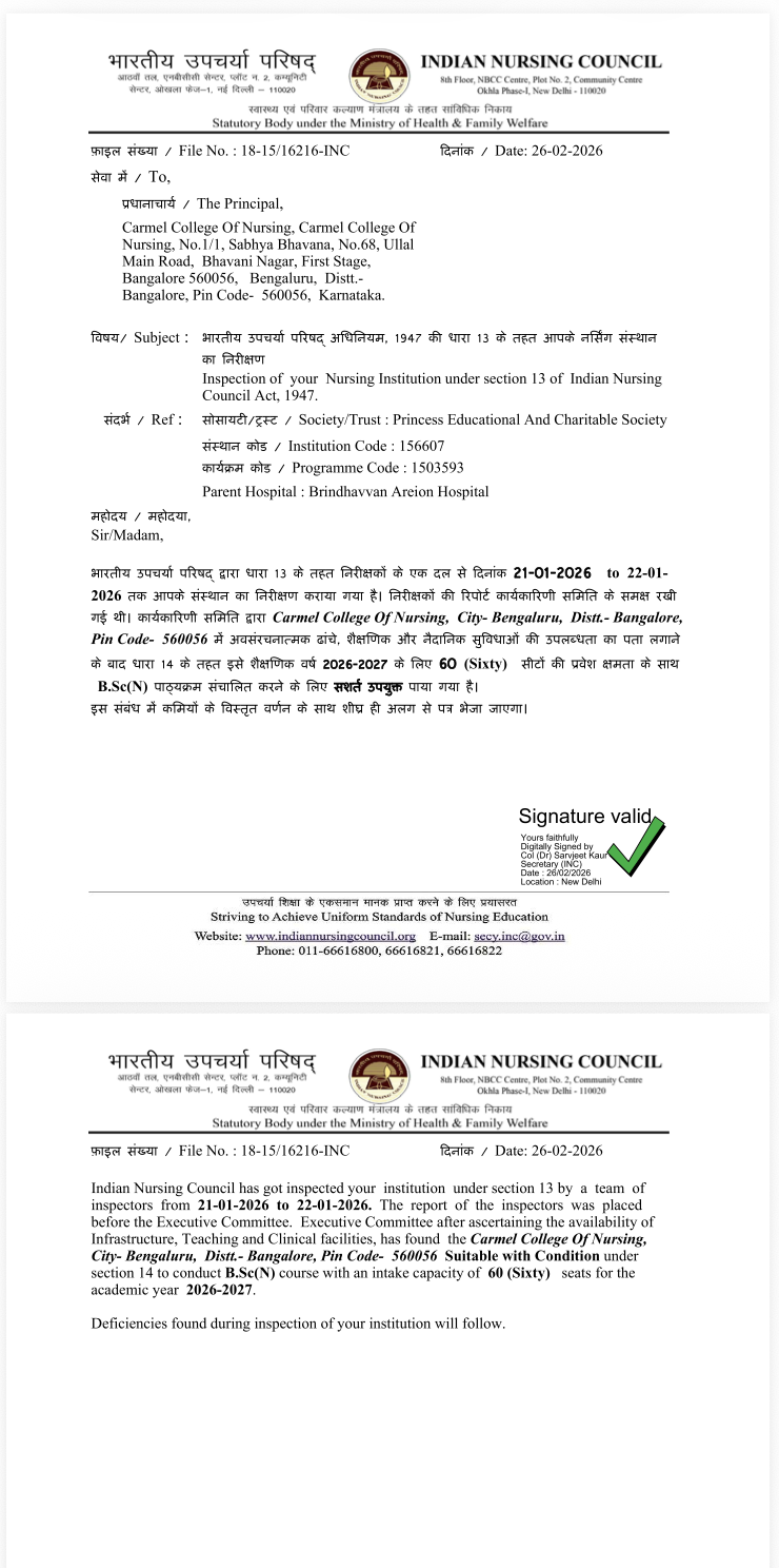 Screenshot of an Indian Nursing Council letter dated 26 February 2026 for Carmel College of Nursing, Bengaluru, referring to inspection on 21 and 22 January 2026 and conditional suitability for 60 B.Sc. Nursing seats for 2026-2027.